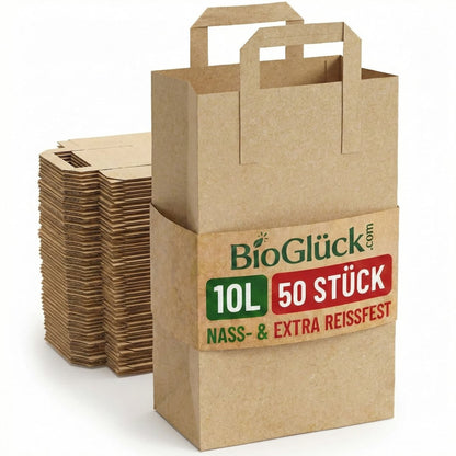 BioGlück® Papier - Biomüllbeutel 10l mit Henkel – reißfest & nassfest - BioGlück.com