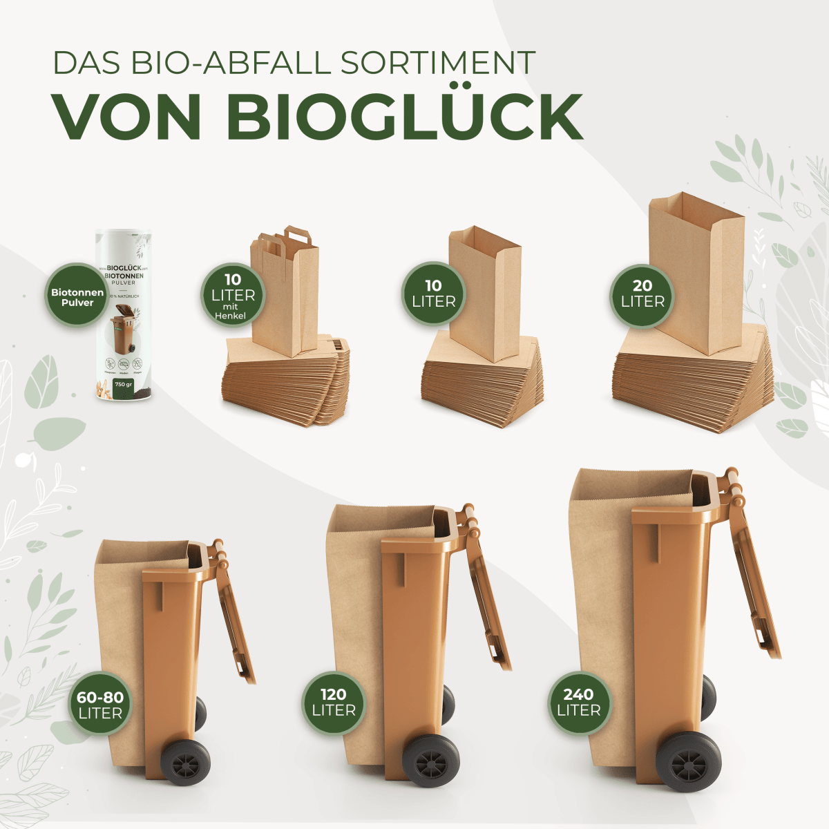 BioGlück® Papier - Biomüllbeutel 10l mit Henkel – reißfest & nassfest - BioGlück.com