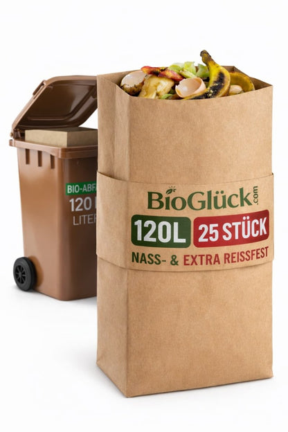 BioGlück® Papier - Biomüllsäcke 120l für die Biotonne – extra stark - BioGlück.com