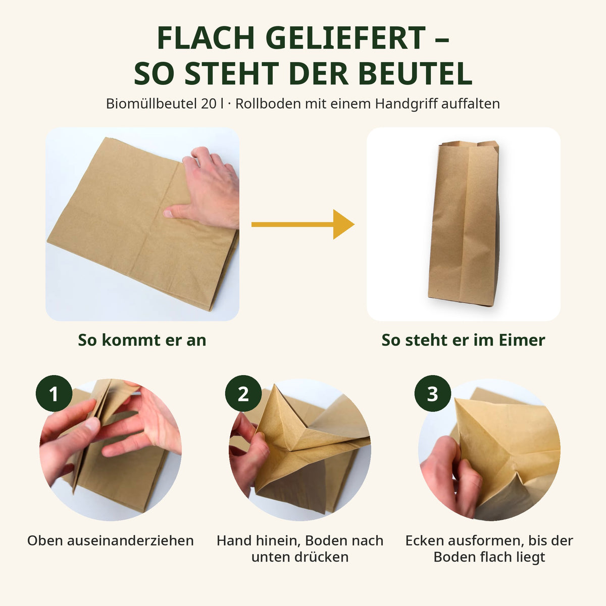 BioGlück Biomüllbeutel 20 l: flach geliefert – Rollboden in drei Schritten auffalten