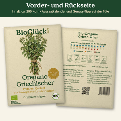 Vorder- und Rückseite der Samentüte Bio-Oregano 'Griechischer', ca. 200 Korn
