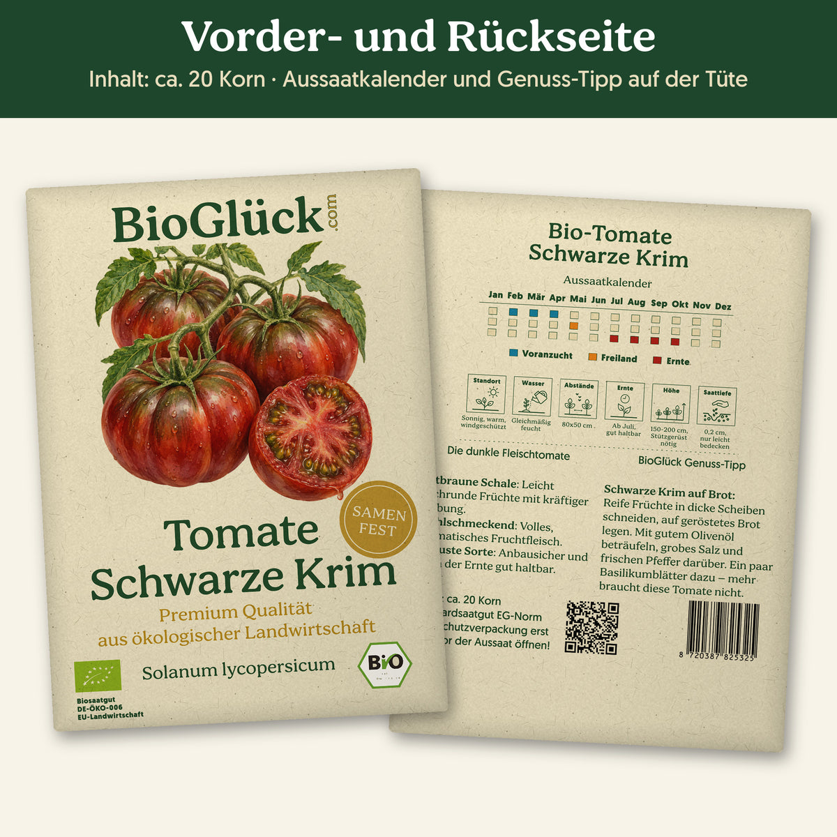 Vorder- und Rückseite der Samentüte Bio-Tomate 'Schwarze Krim', ca. 20 Korn