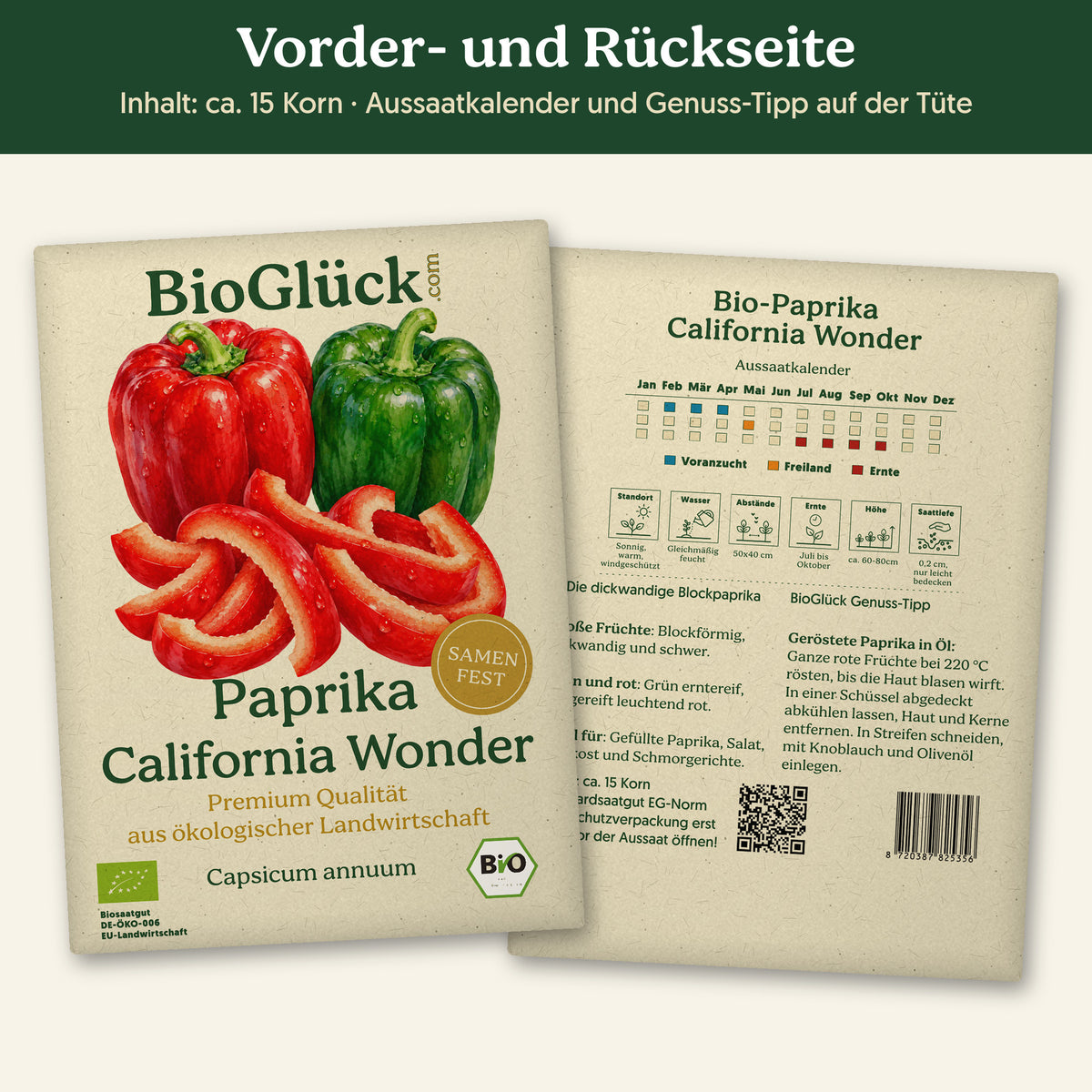 Vorder- und Rückseite der Samentüte Bio-Paprika 'California Wonder', ca. 15 Korn