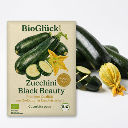 BioGlück Bio-Zucchini 'Black Beauty': Samentüte aus Graspapier mit Zucchini Black Beauty