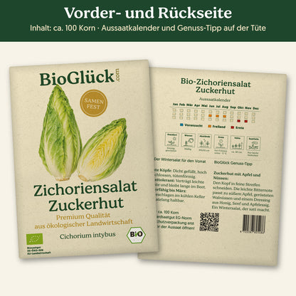 Vorder- und Rückseite der Samentüte Bio-Zichoriensalat 'Zuckerhut', ca. 100 Korn