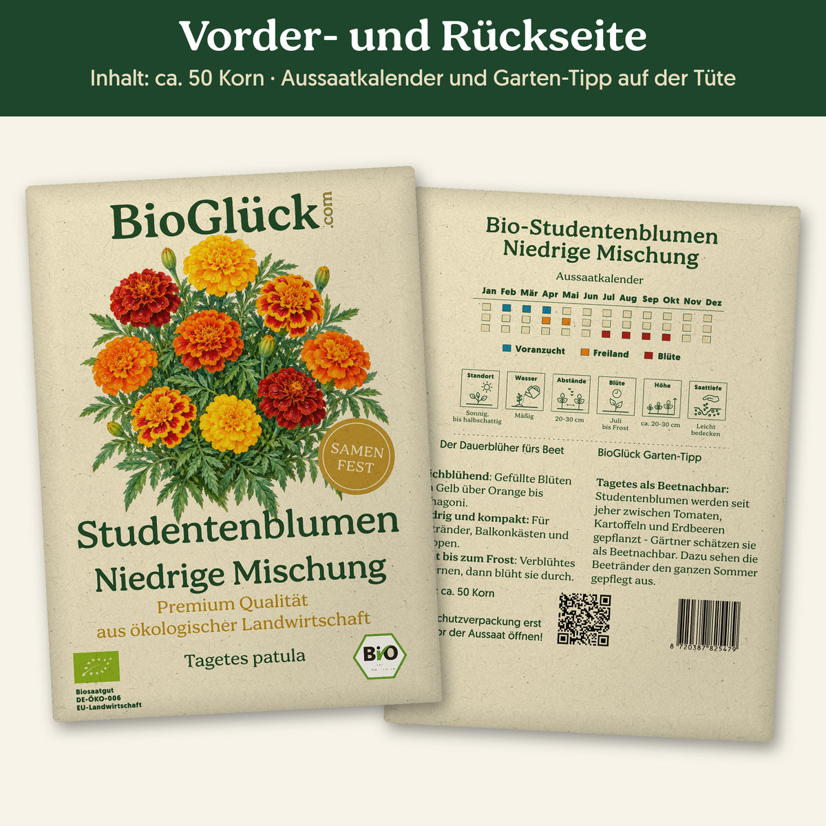 Vorder- und Rückseite der Samentüte Bio-Studentenblume 'Niedrige Mischung', ca. 50 Korn