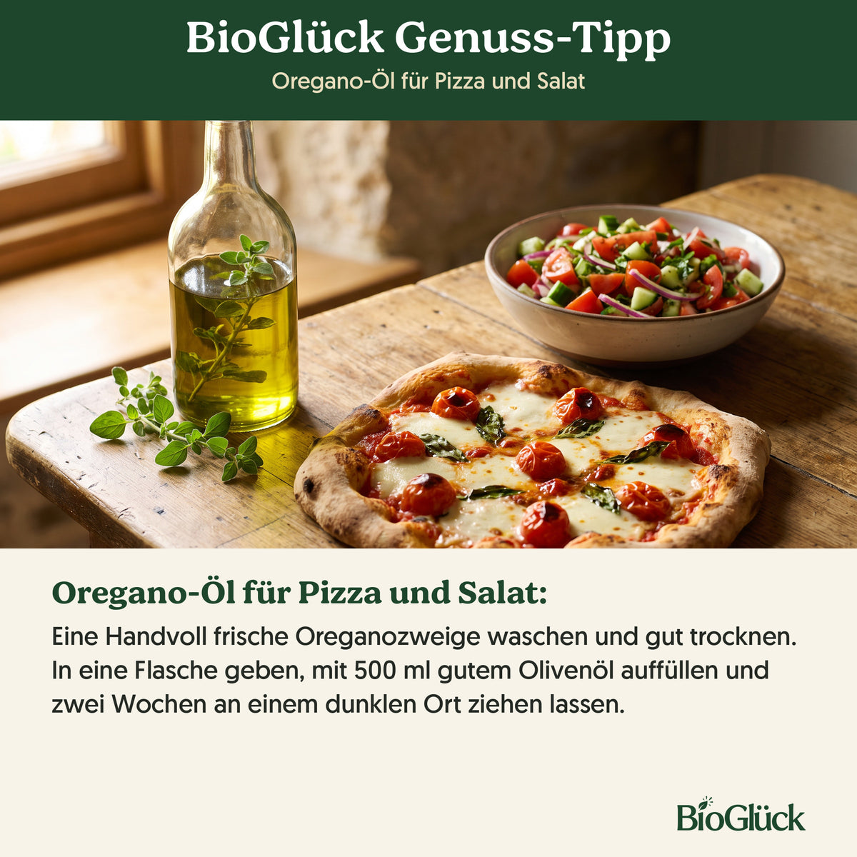 BioGlück Genuss-Tipp: Oregano-Öl für Pizza und Salat