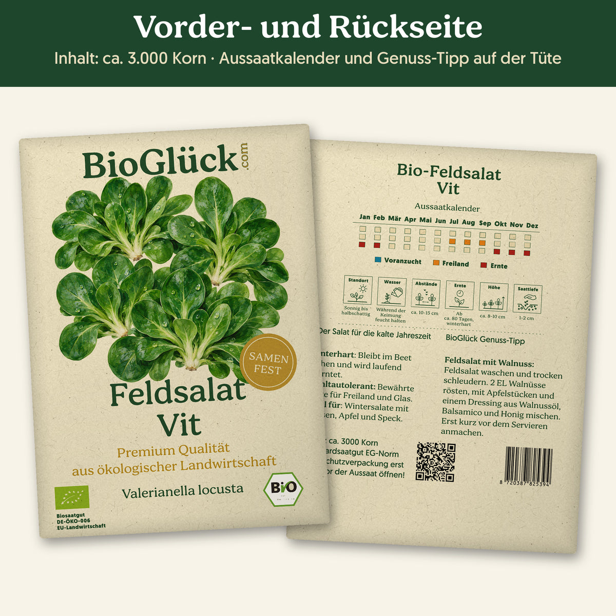 Vorder- und Rückseite der Samentüte Bio-Feldsalat 'Vit', ca. 3.000 Korn