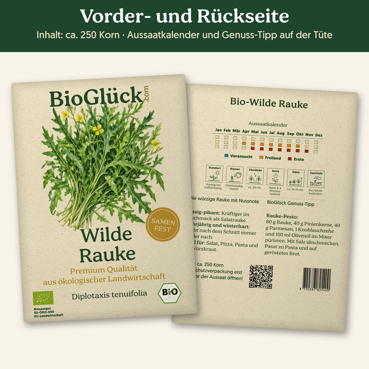 Vorder- und Rückseite der Samentüte Bio-Wilde Rauke, ca. 250 Korn