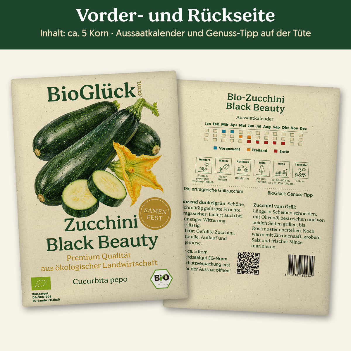 Vorder- und Rückseite der Samentüte Bio-Zucchini 'Black Beauty', ca. 5 Korn