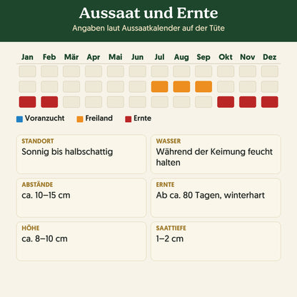 Aussaatkalender Bio-Feldsalat 'Vit': Voranzucht, Freiland und Ernte sowie Anbauangaben