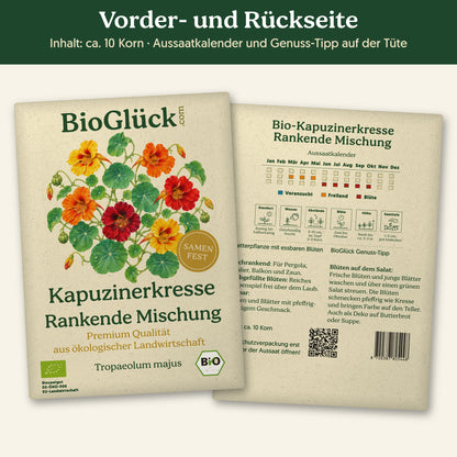 Vorder- und Rückseite der Samentüte Bio-Kapuzinerkresse 'Rankende Mischung', ca. 10 Korn