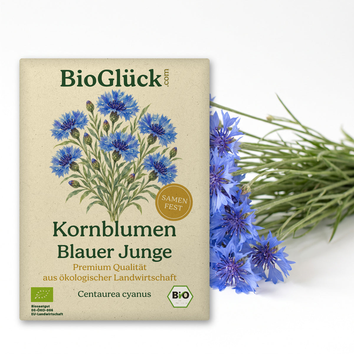 BioGlück Bio-Kornblume 'Blauer Junge': Samentüte aus Graspapier mit Kornblume Blauer Junge