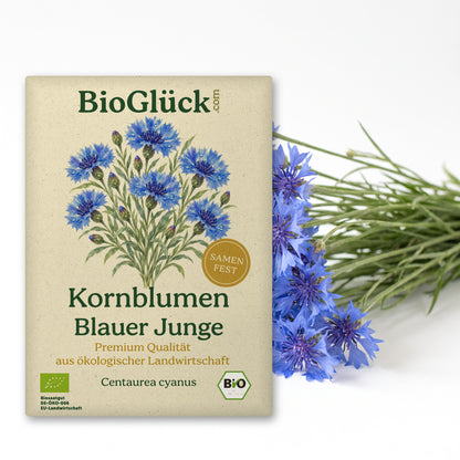BioGlück Bio-Kornblume 'Blauer Junge': Samentüte aus Graspapier mit Kornblume Blauer Junge