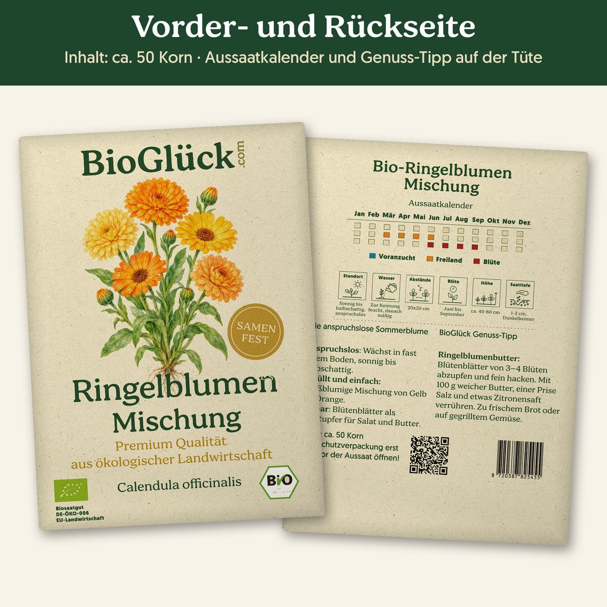 Vorder- und Rückseite der Samentüte Bio-Ringelblumen-Mischung, ca. 50 Korn