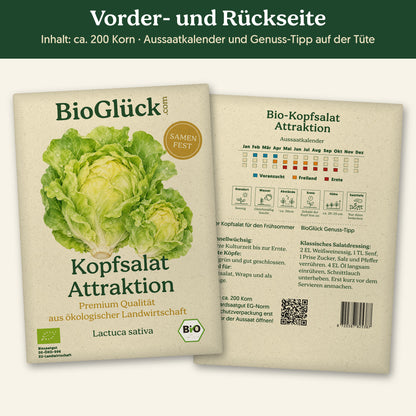Vorder- und Rückseite der Samentüte Bio-Kopfsalat 'Attraktion', ca. 200 Korn