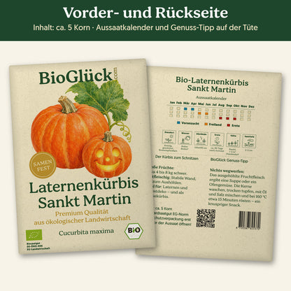 Vorder- und Rückseite der Samentüte Bio-Laternenkürbis 'Sankt Martin', ca. 5 Korn