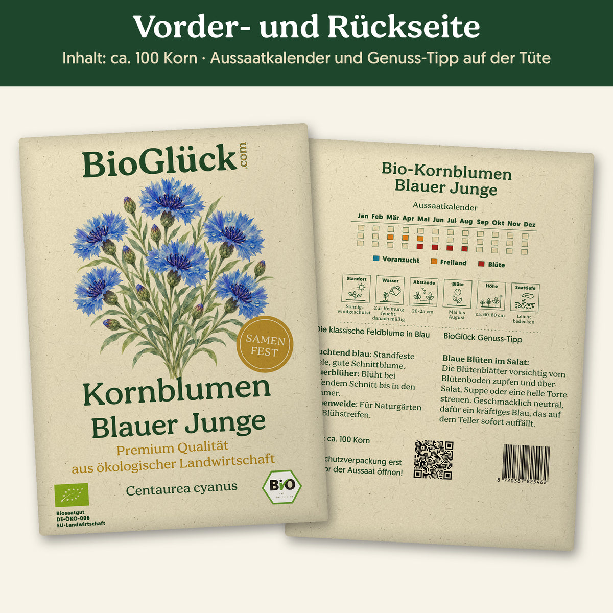 Vorder- und Rückseite der Samentüte Bio-Kornblume 'Blauer Junge', ca. 100 Korn