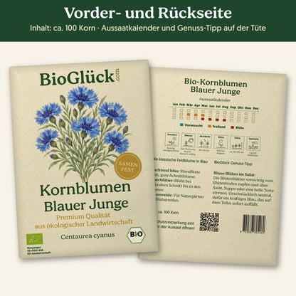 Vorder- und Rückseite der Samentüte Bio-Kornblume 'Blauer Junge', ca. 100 Korn