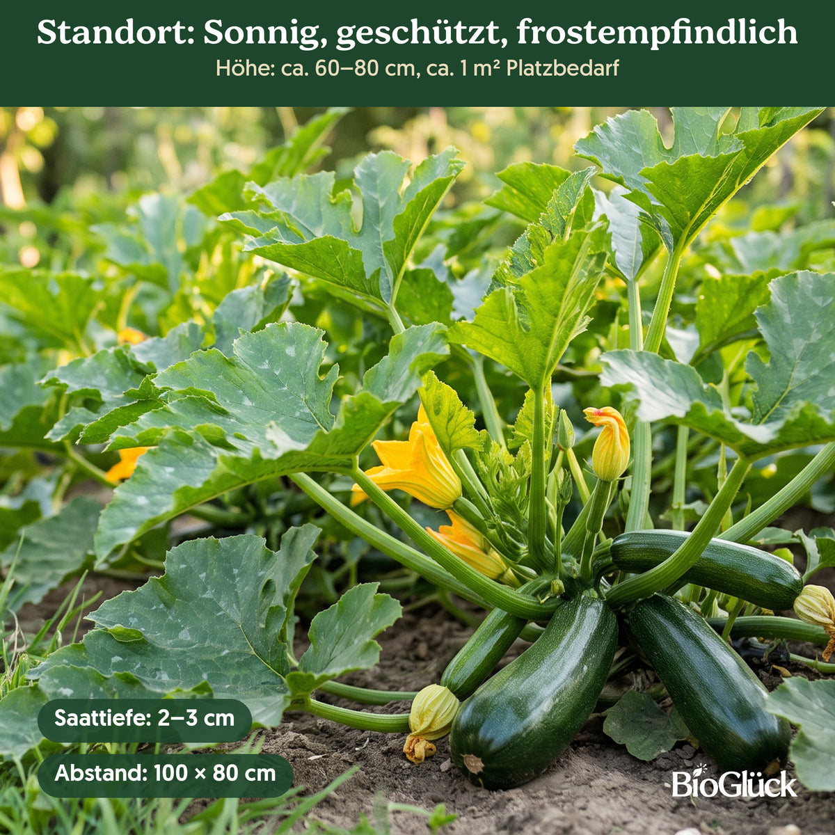 Bio-Zucchini 'Black Beauty' im Garten: Standort sonnig, geschützt, frostempfindlich