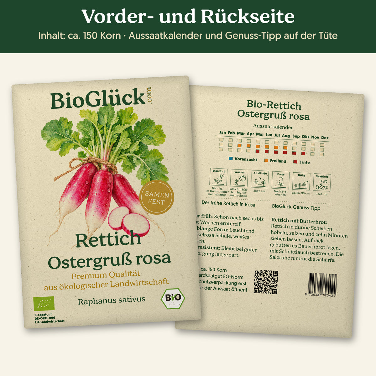 Vorder- und Rückseite der Samentüte Bio-Rettich 'Ostergruß rosa', ca. 150 Korn