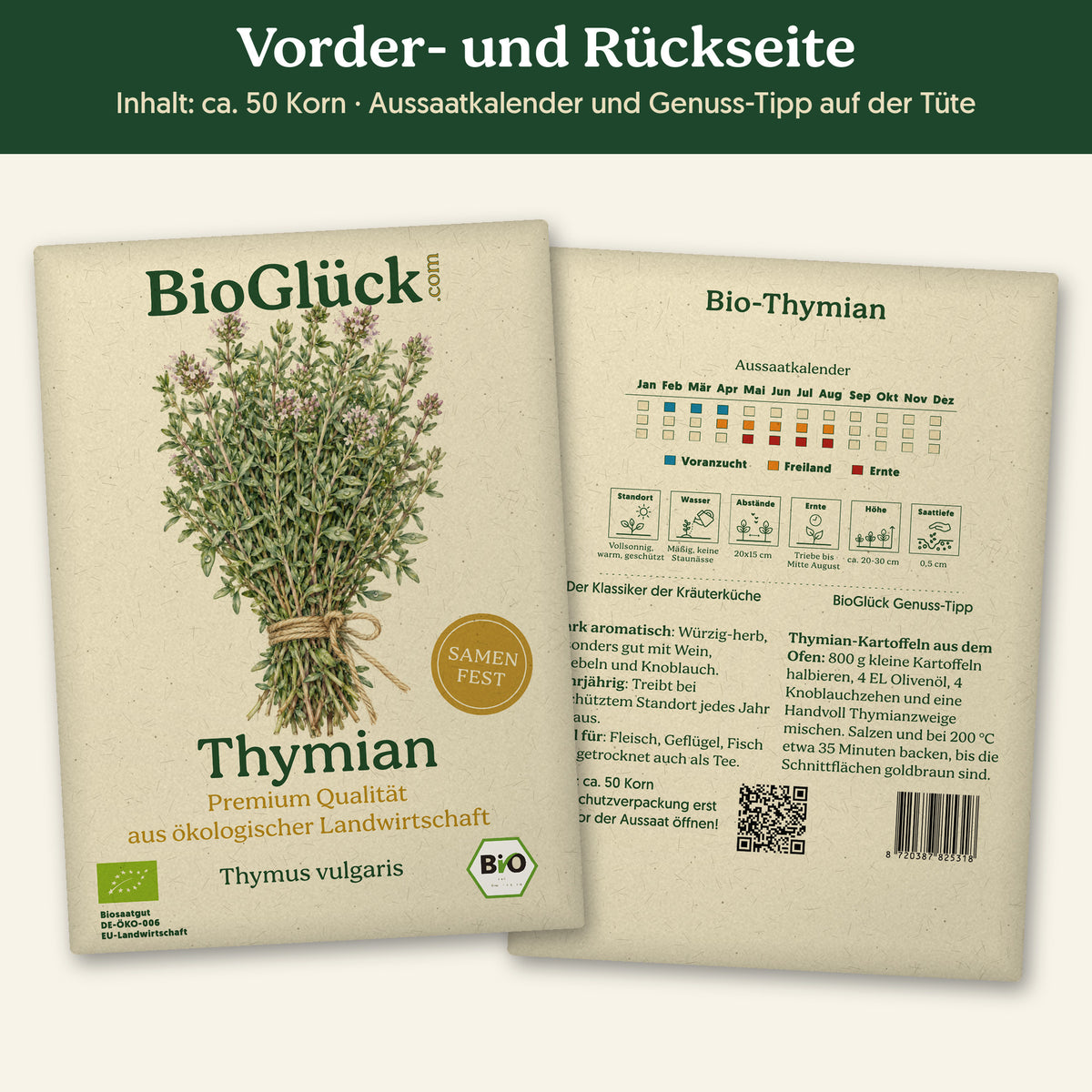 Vorder- und Rückseite der Samentüte Bio-Thymian, ca. 50 Korn