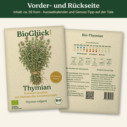 Vorder- und Rückseite der Samentüte Bio-Thymian, ca. 50 Korn