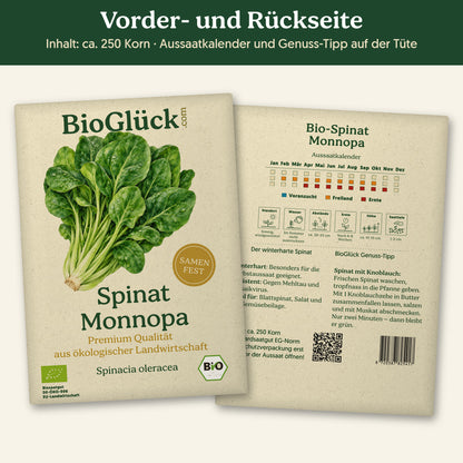 Vorder- und Rückseite der Samentüte Bio-Spinat 'Monnopa', ca. 250 Korn