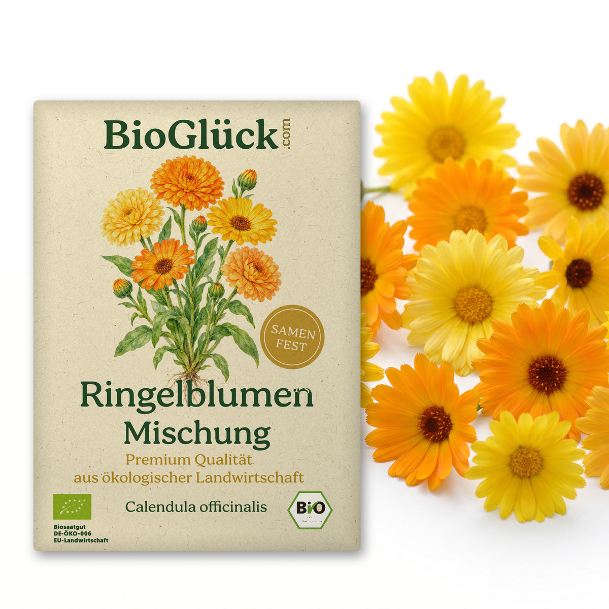 BioGlück Bio-Ringelblumen-Mischung: Samentüte aus Graspapier mit Ringelblumen