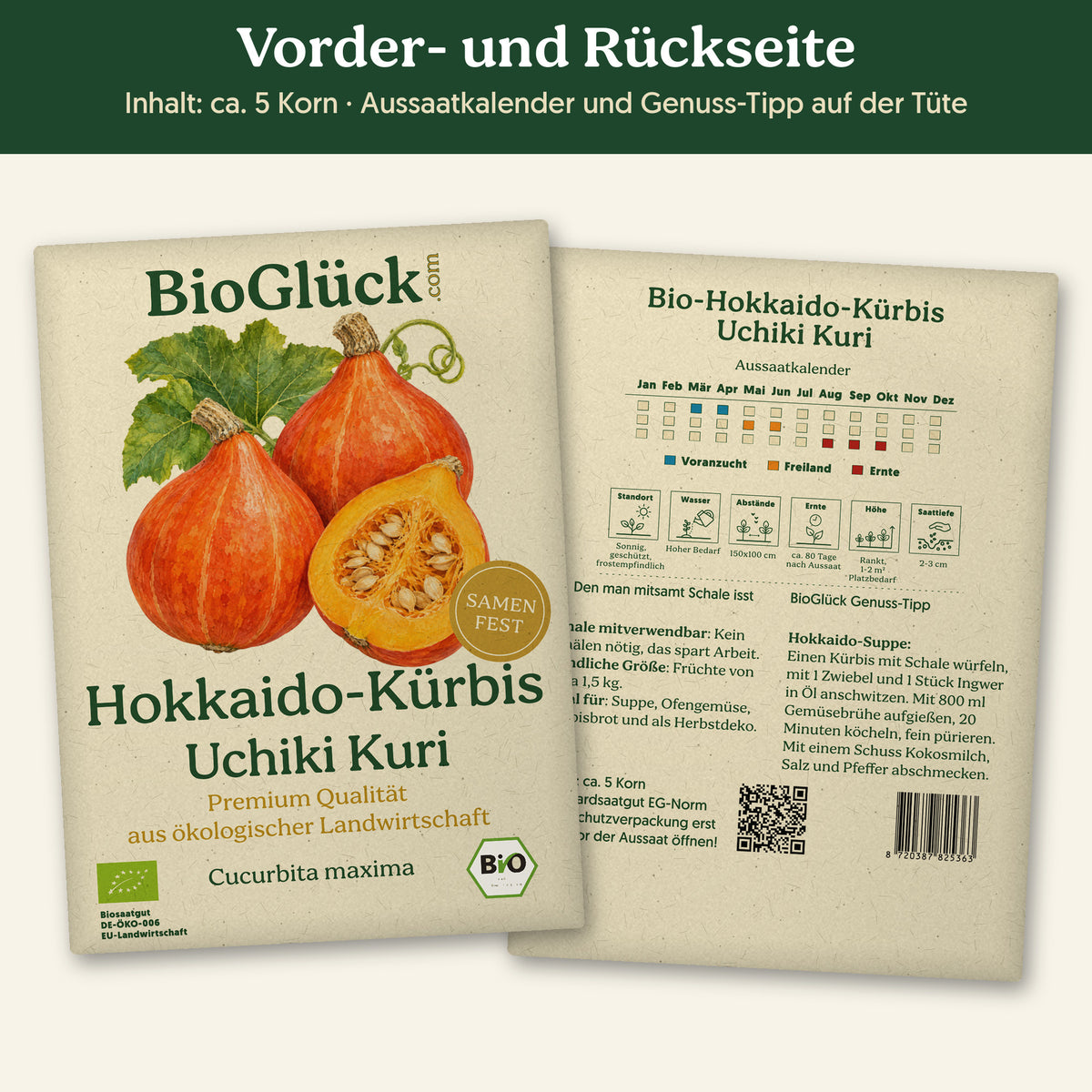Vorder- und Rückseite der Samentüte Bio-Hokkaido-Kürbis 'Uchiki Kuri', ca. 5 Korn