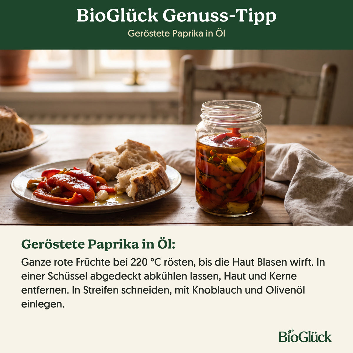 BioGlück Genuss-Tipp: Geröstete Paprika in Öl
