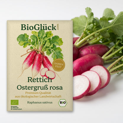 BioGlück Bio-Rettich 'Ostergruß rosa': Samentüte aus Graspapier mit Rettich Ostergruß rosa