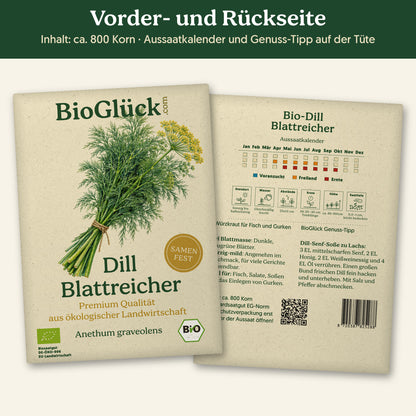 Vorder- und Rückseite der Samentüte Bio-Dill 'Blattreicher', ca. 800 Korn