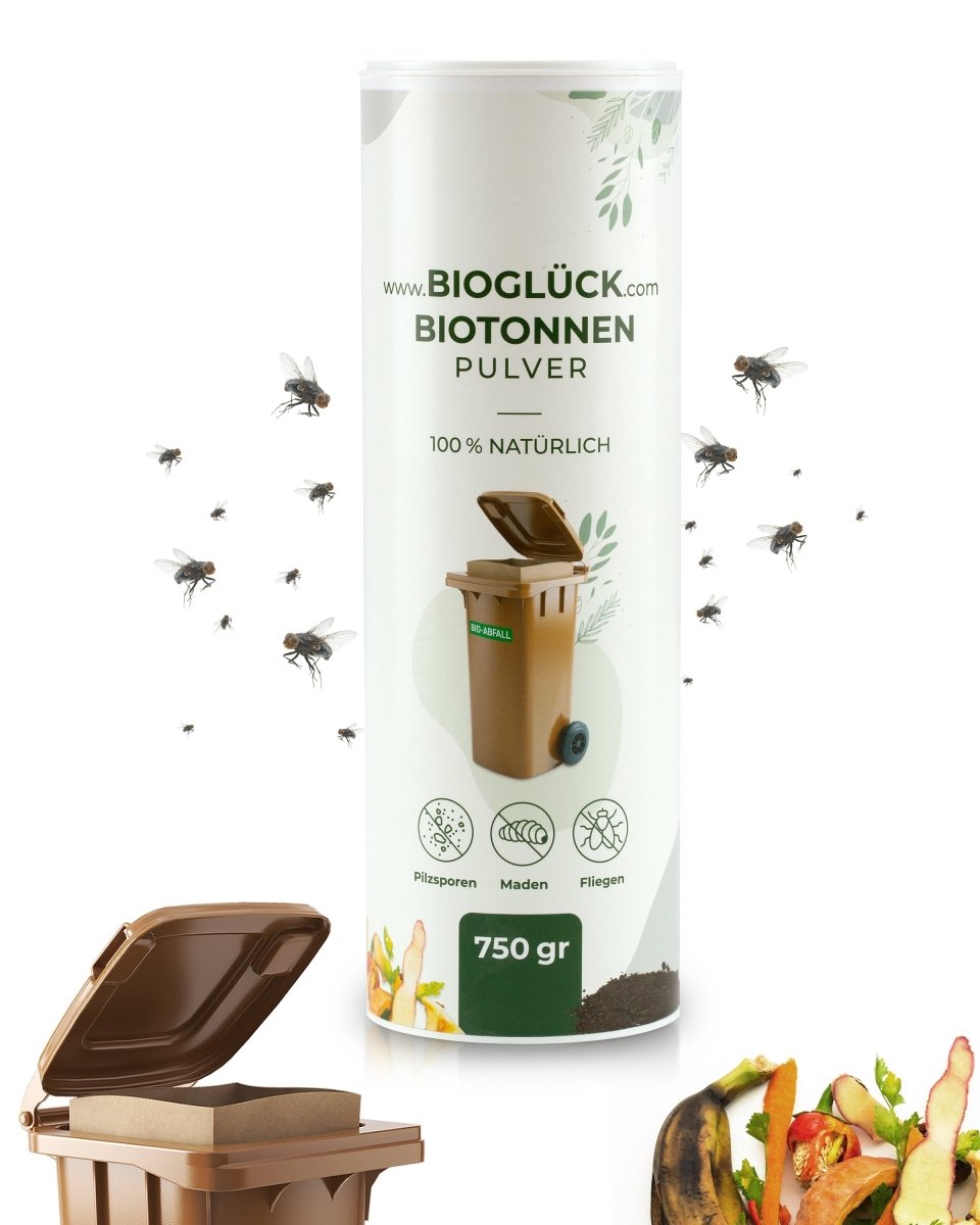 BIOGLÜCK® Biotonnenpulver 750 ml – mineralisches Naturprodukt zur Feuchtigkeitsbindung im Bioabfall - BioGlück.com