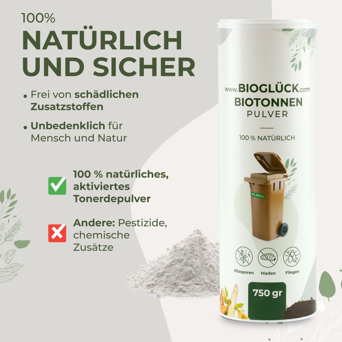 BIOGLÜCK® Biotonnenpulver 750 ml – mineralisches Naturprodukt zur Feuchtigkeitsbindung im Bioabfall - BioGlück.com