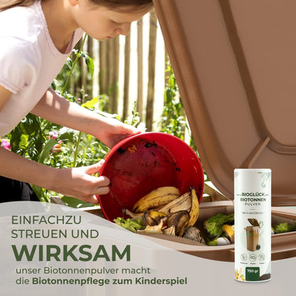 BIOGLÜCK® Biotonnenpulver 750 ml – mineralisches Naturprodukt zur Feuchtigkeitsbindung im Bioabfall - BioGlück.com