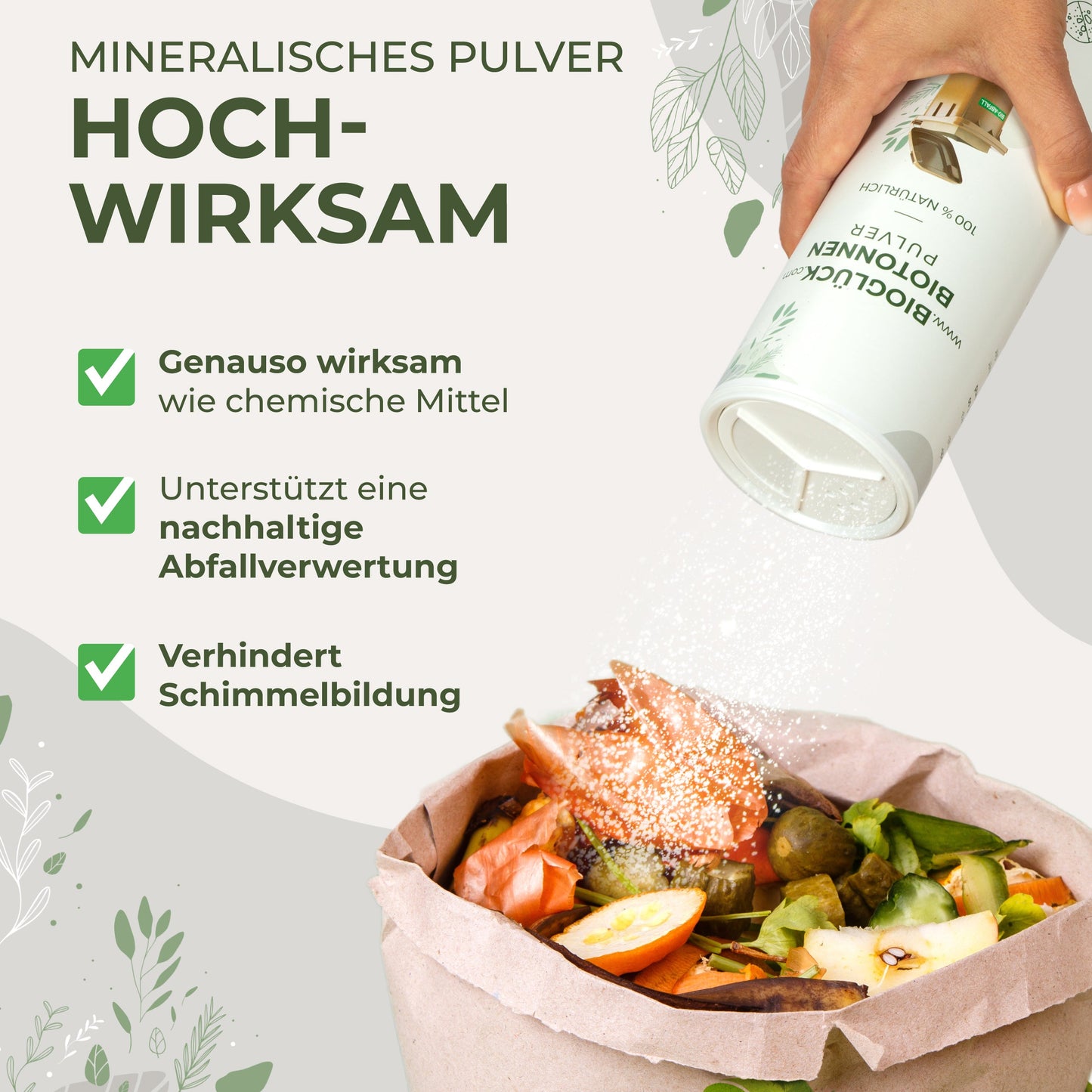 BIOGLÜCK® Biotonnenpulver - Natürliches Tonerde-Pulver wirkt gegen Maden, Fliegen, Pilzsporen und bindet große Mengen Feuchtigkeit - BioGlück.com